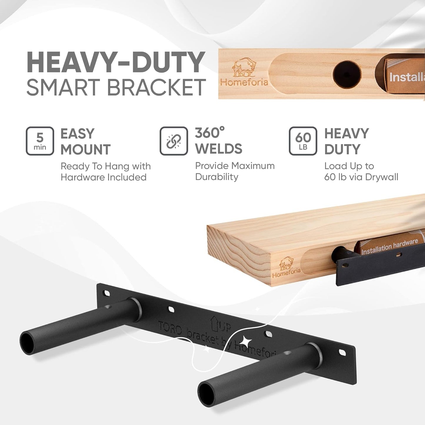 Homeforia White Floating Shelves 16 inch, High End Solid Real Wood 16inch Bathroom Floating Shelf for Wall Mounted, White Wooden 16 Floating Shelves, Heavy Duty Bracket, 16 X 6.5 X 1.75 inch, Set of 2