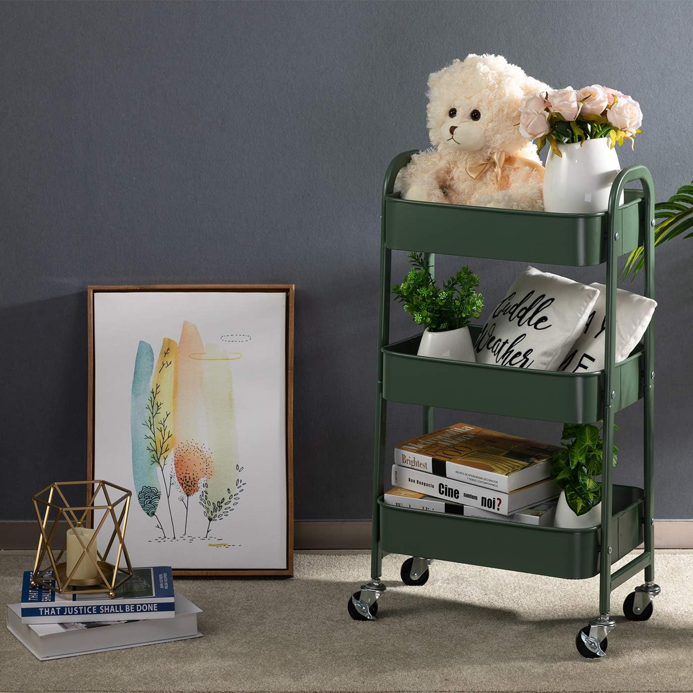 AGTEK Movable Rolling Organizer - 3 Tier Metal Storage Cart, Green