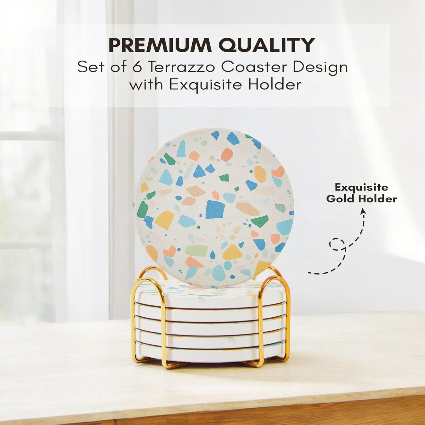 Absorbent Coaster Set of 6 with Holder, Drink Coasters for Coffee Table, Kitchen, Home Decor, Cute Ceramic Round Coasters, Alternative to Silicone, Cork or Glass Coaster (Color Pop)