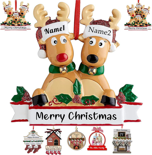 Personalized Deer Christmas Ornaments with Names of 2/3/4/5/6/7/8 Custom Reindeer Family Ornament Customized Xmas Tree Hanging Ceramic Decoration Gift