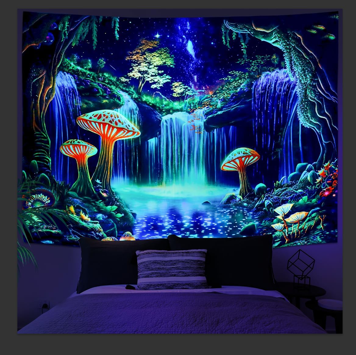 Ameyahud Blacklight Fantasy Forest Tapestry UV Reactive Waterfall Tapestries Starry Sky Tapestry Neon Nature Plant Wall Hanging Decor for Home