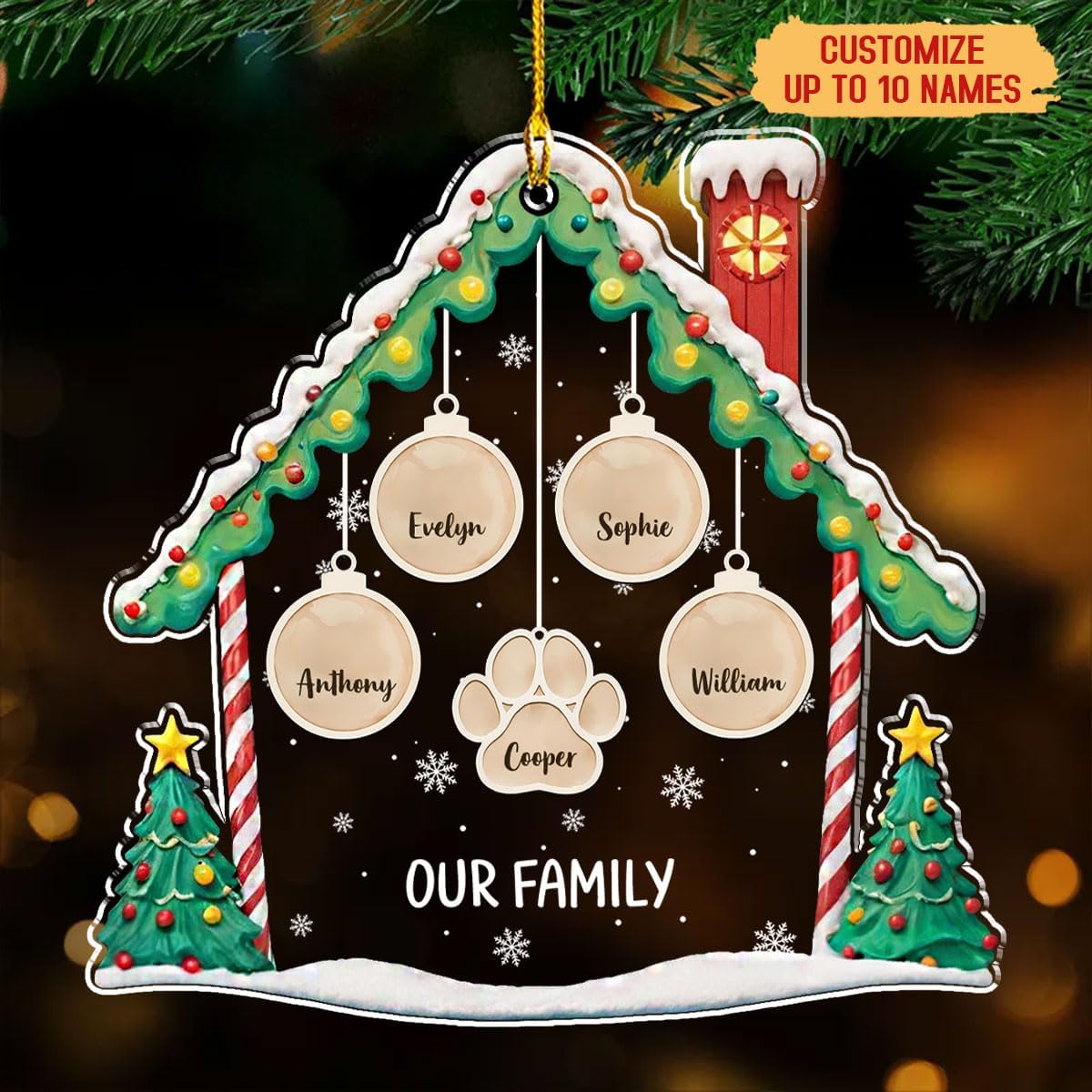 Personalized Family Christmas Acrylic Ornament 2024 - Custom Name Charms Family Members up to 10 People and Pets, Paw Charm Ornament Gifts for Family Tree Decoration (A02, 6 Names)
