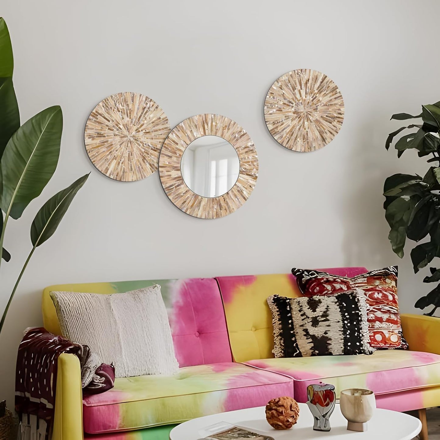 TEIPAI Boho Decorative Mirror for Living Room, 3PCS Handcrafted Mother of Pearl Mirror Wall Decor for Home Dorm Apartment Hallway Staircase, Mosaic Art Plates for Wedding Decoration (Dark Brown)