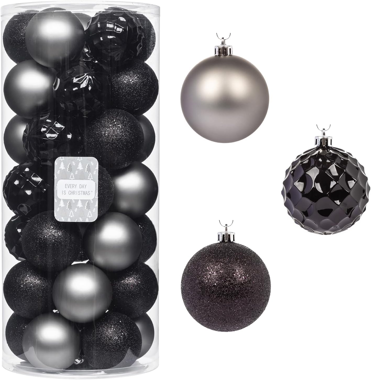 Every Day is Christmas Ornaments, Shatterproof Christmas Tree Ornament Set, Christmas Balls Decoration 35 Count (2.75"/70mm, Black Grey)