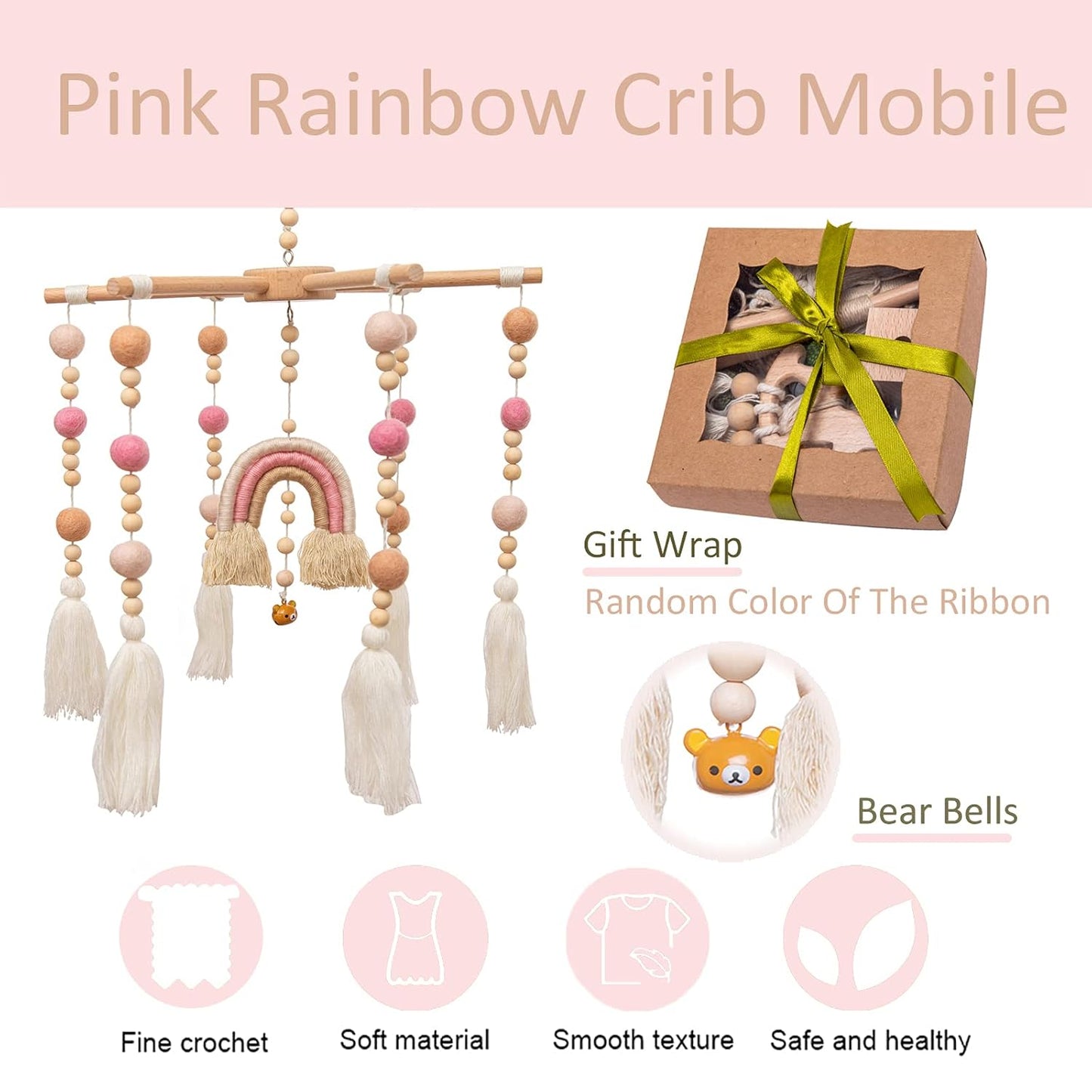 Baby Crib Mobile,Crib Mobile Wooden Mobile with Colorful Cotton Ball Wool Felt Ball Boho Baby Mobile Bassinet Mobile for Crib,Mobile for Baby Nursery and Ceiling Decoration