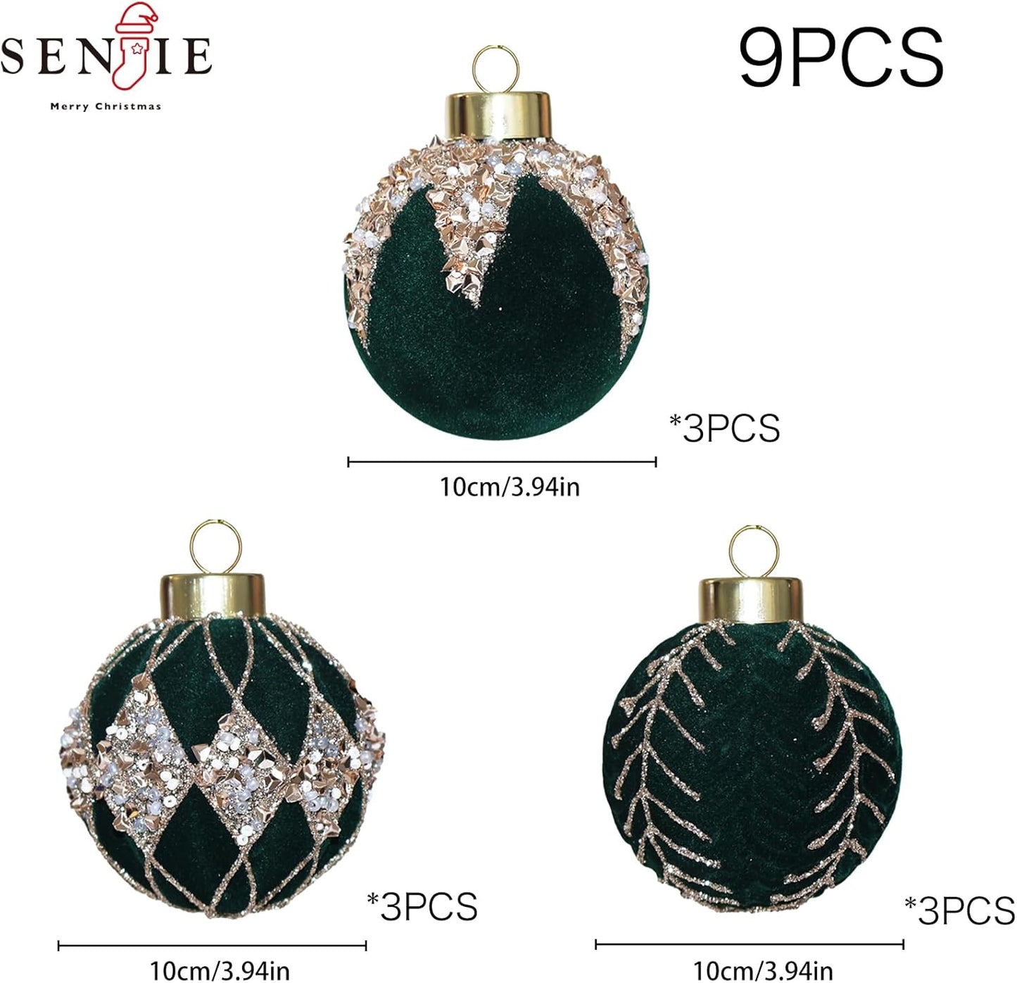 4inch Velvet Ornaments for Christmas Tree, 9PCS Glitter Flocked Christmas Ornaments Decorations Balls Set Decor Green