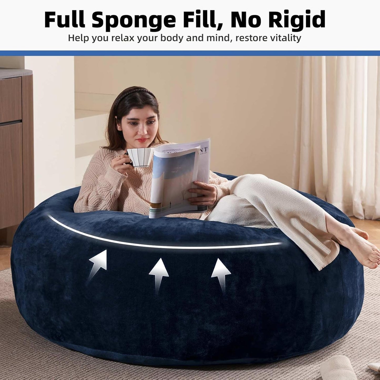 5FT，Big Bean Bag Chairs for Adults，Large beanbag with Filler Included，Memory Foam Material，Easy to Clean and Washable Corduroy Fabric，Suitable for Living Room and Bedroom (Blue, 5 Foot)