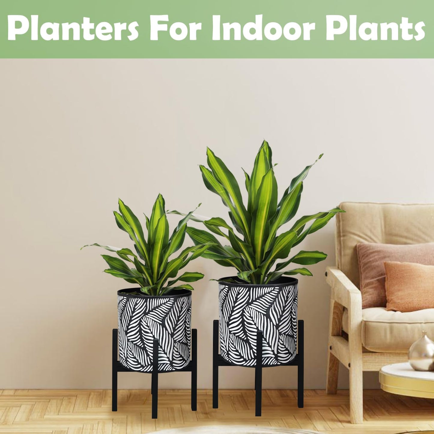10 & 12 Inches Plant Pot with Stand Set of 2, Decorative Palm Leaves Printing Planter with Holder, Garden Pot for Snake Plant, Monstera, Houseplants - Indoor Outdoor Flower Pots with Drainage Holes