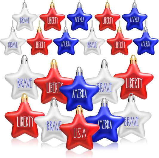 JULMELON 24Pcs 4th of July Patriotic Hanging Star Ornaments for Tree, Independence Day Memorial Day Labor Day Hanging Small Star Decorations for Home Party Christmas Tree Decor, Blue Red and Silver