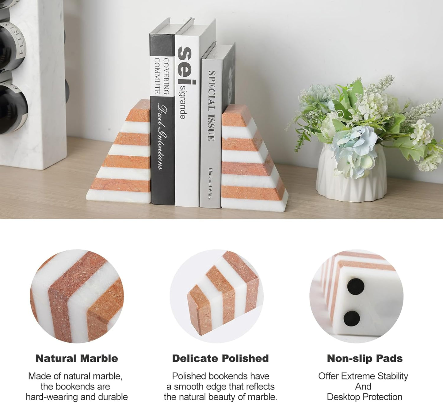 Marble Book Ends, Non-Skid Bookends for Shelves, Composite Bookend with Natural Stone, Heavy Duty Book Stopper, Collected CDs and Oversized Books Organizer, White & Red Decorative Bookends