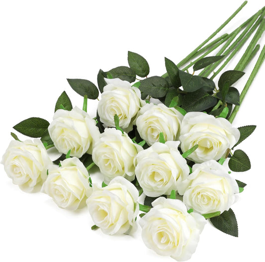 White Fake Roses Artificial Flowers - 10 Pcs Fake Artificial Roses Silk Flowers with Stems for Home Wedding Hotel Office Centerpiece Decor