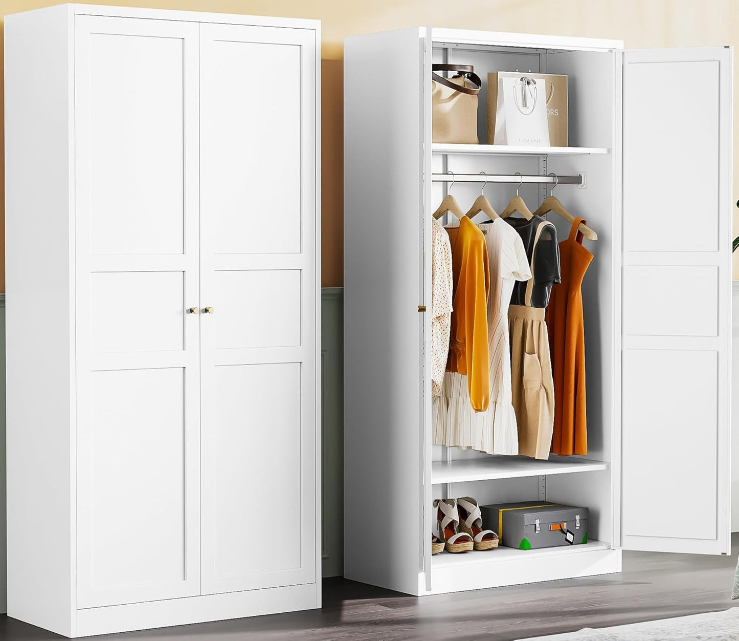 Metal Wardrobe Cabinet with Hanging Rod,White Armoire Wardrobe Closet,Metal Clothing Storage Cabinet with Adjustable Shelves and Doors,72" Wardrobes Storage Cabinet for Home,Living/Laundry Room
