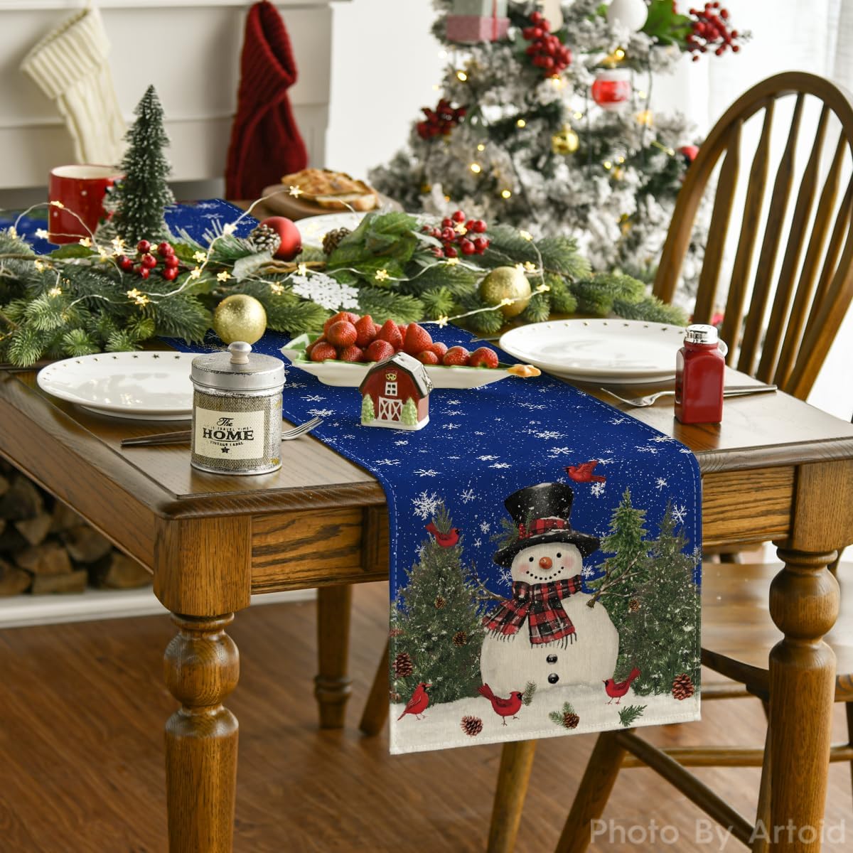 Artoid Mode Snowman Birds Trees Christmas Table Runner, Seasonal Blue Winter Holiday Kitchen Dining Table Decoration for Indoor Outdoor Home Party Decor 13 x 48 Inch