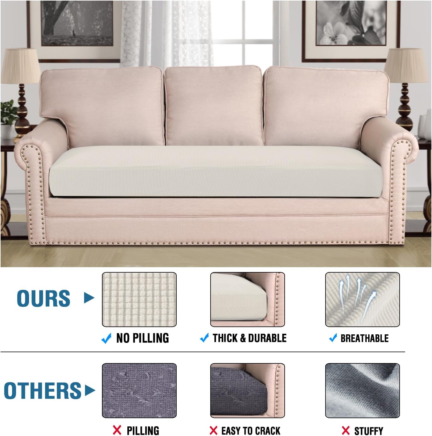 H.VERSAILTEX Super Stretch Individual Seat Cushion Covers Sofa Covers Couch Cushion Covers Slipcover Sets Thick Jacquard Textured Twill Fabric (1 Piece Sofa Cushion Cover, Porcelain)