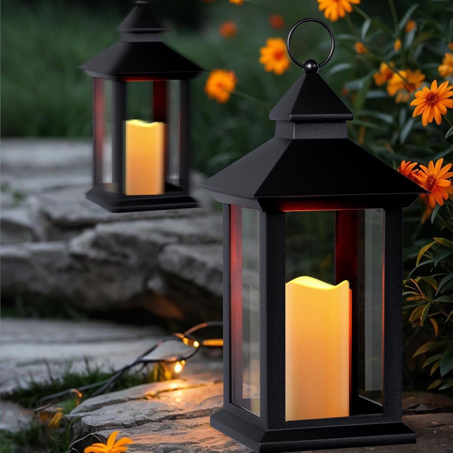 Lanterns Decorative Indoor, 2 Pack Black Outdoor Lantern with Timer, 14" Lantern Waterproof with Battery Operated Candle, Outdoor Hanging Lanterns for Porch, Patio, Wedding Decor