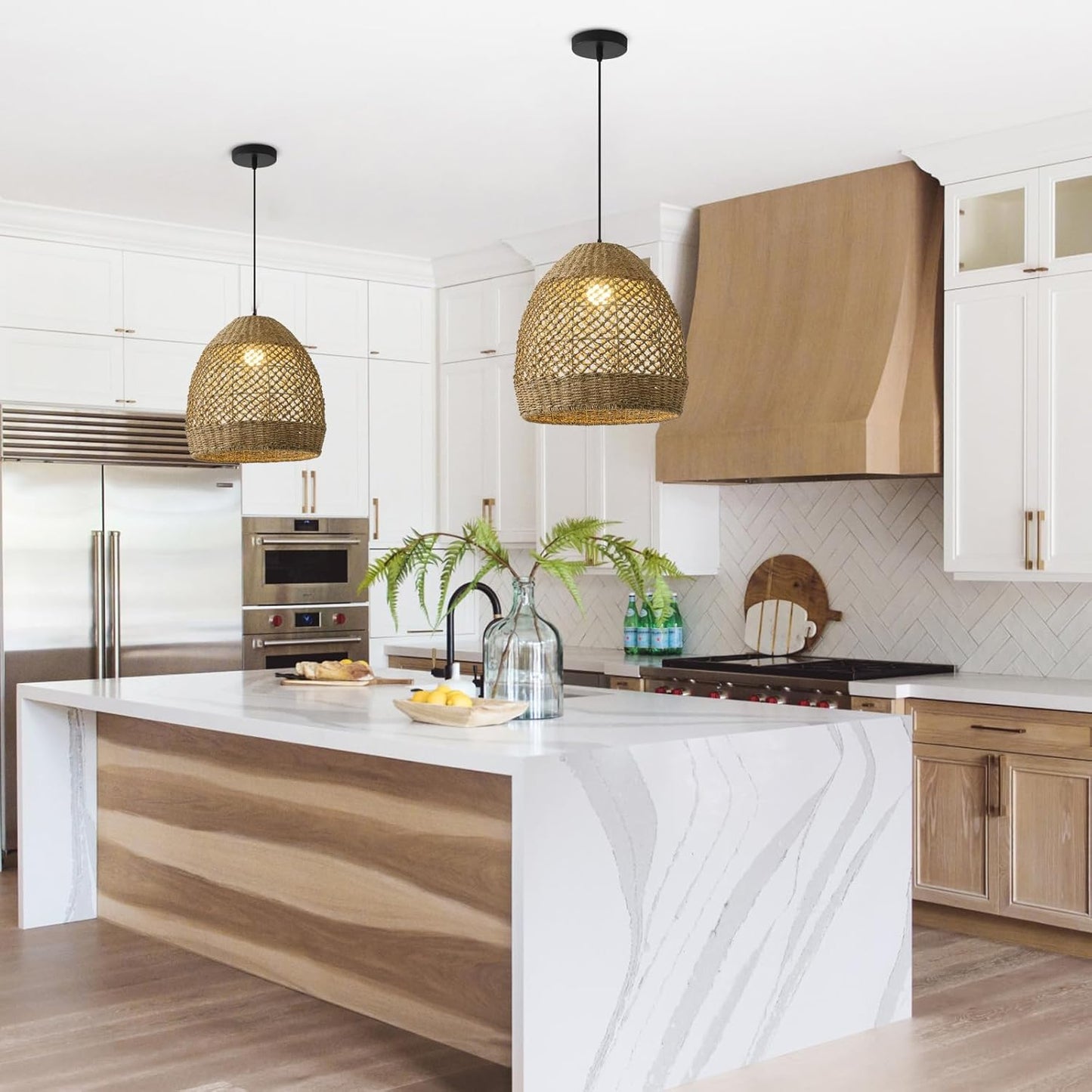 13.77" Rattan Pendant Light Rustic Hand-Woven Wicker Hanging Light 1-Light Water Plants Rattan Chandelier for Dining Living Bedroom Kitchen Farmhouse