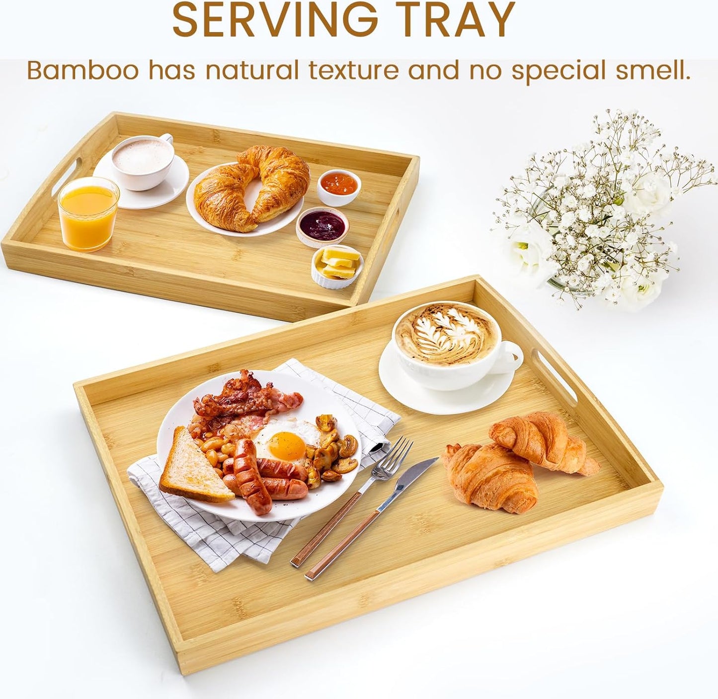 GOLD HONEY Bamboo Serving Tray with Handles Set of 2 - Decorative Wooden Tray for Living Room, Bathroom, Suitable for Used in Bedroom, Kitchen, Coffee Table, Working and Storing - 17x13in, 16x12in