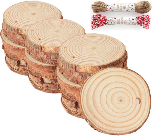 30 Pcs Wood Slices for Crafts, 1.57"-2" Pre-Drilled Holes Wood Rounds, 66 Feet Twine String, Wooden Circles for Crafts Burning Painting DIY Crafts Christmas Wedding Party Wedding Decor Party