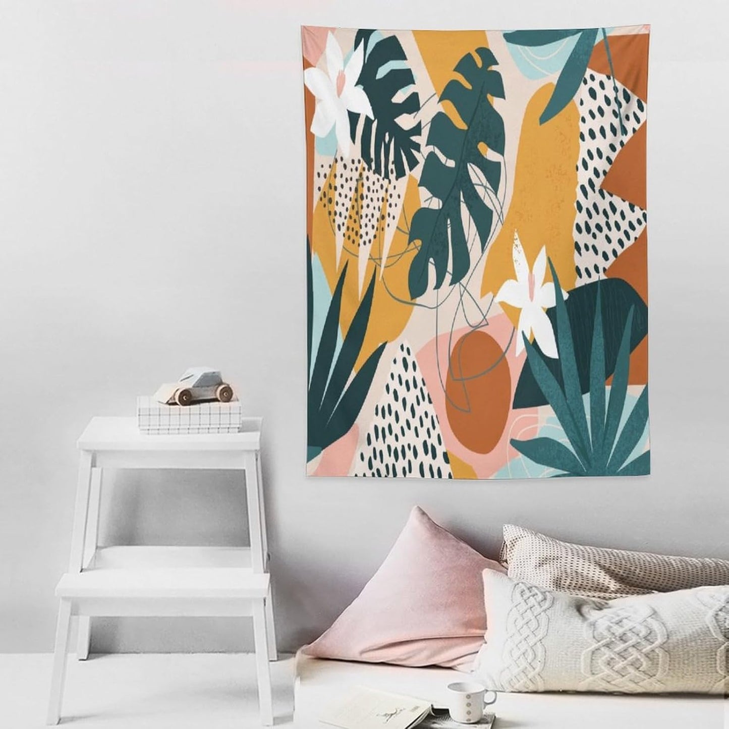 Abstract Bohemian Mid Century Tapestry, Tropical Leaves Modern Geometric Archway Minimalist Bohemian Botanical Aesthetic Wall Hanging, Sage Green Gold Home Decor Art for Bedroom 40x60 Inch