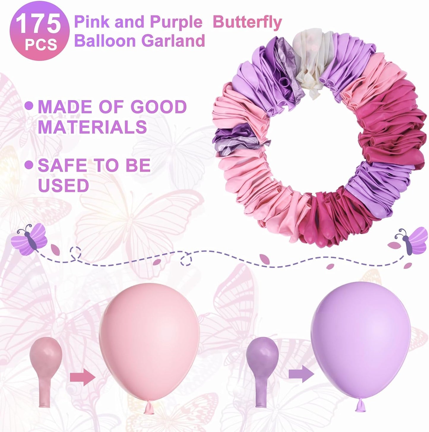 Amandir 175Pcs Pink and Purple Balloon Garland Arch Kit Butterfly Baby Shower Decorations for Girl, Lavender Purple Dusty Pink Balloon for Women Birthday Bridal Shower Wedding Party Supplies