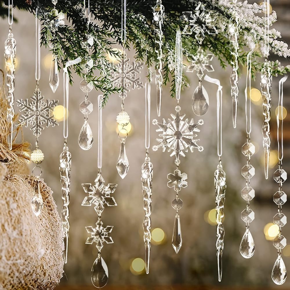 Christmas Tree Decoration Crystal Ornaments - 32pcs Acrylic Christmas Ornaments Snowflake Icicle Drop Crystal Hanging Ornaments for Xmas Tree Winter Holiday Frozen Party Decorations