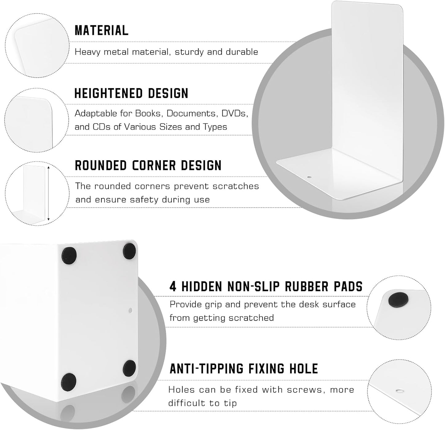 VONDERSO Metal Bookends White, 2 Pairs Metal Bookends Heavy Duty for Shelves Decor Home Office, Unique White Book Ends Supports Anti-Slip for Kids Girls