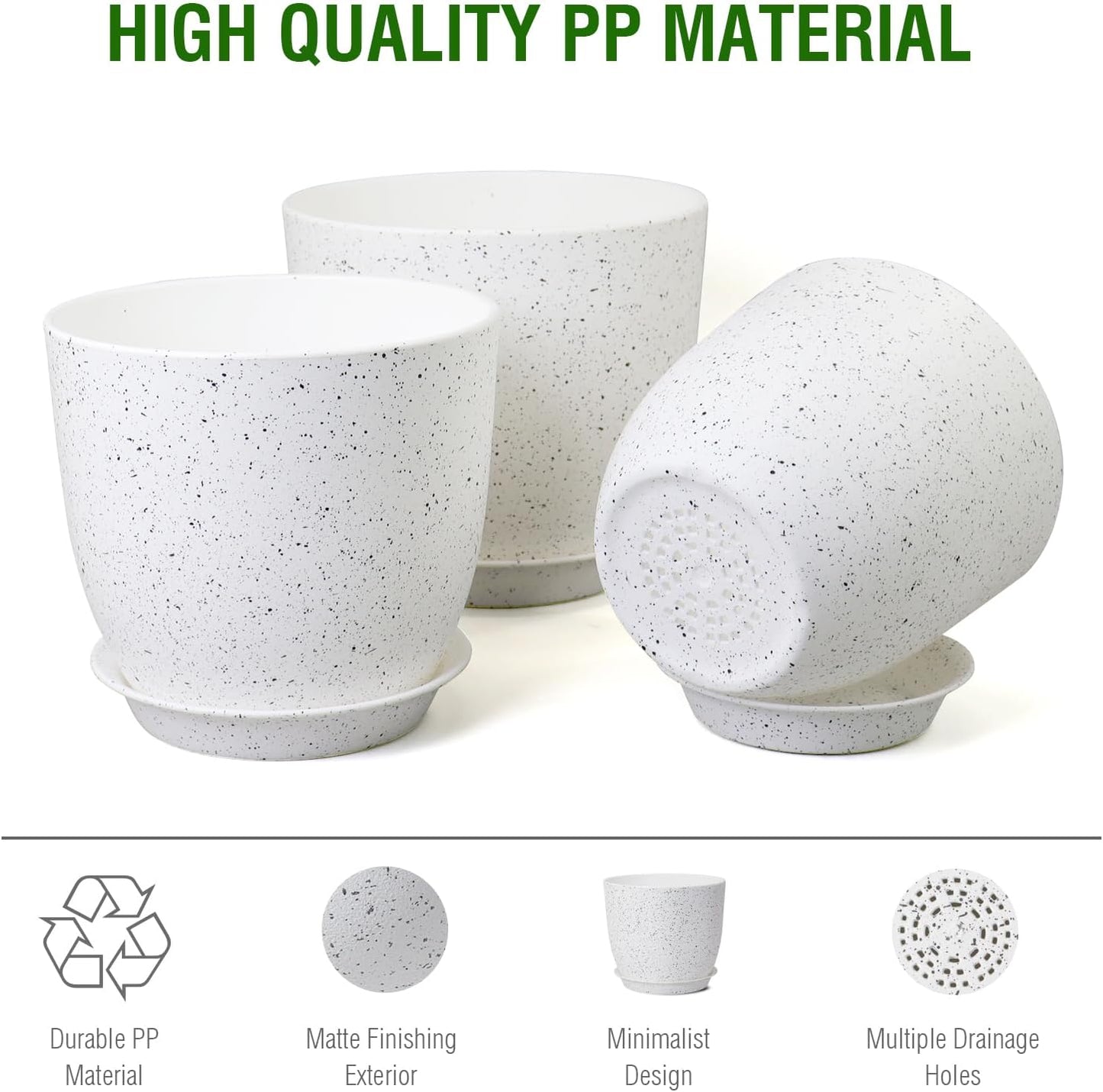 9/8/7.5 inch Flower Pots, Set of 3 Modern Decorative Plastic Planters with Drainage Holes and Saucers for Garden House Plants, Plant Pots for Indoor Outdoor Plants, Speckled White