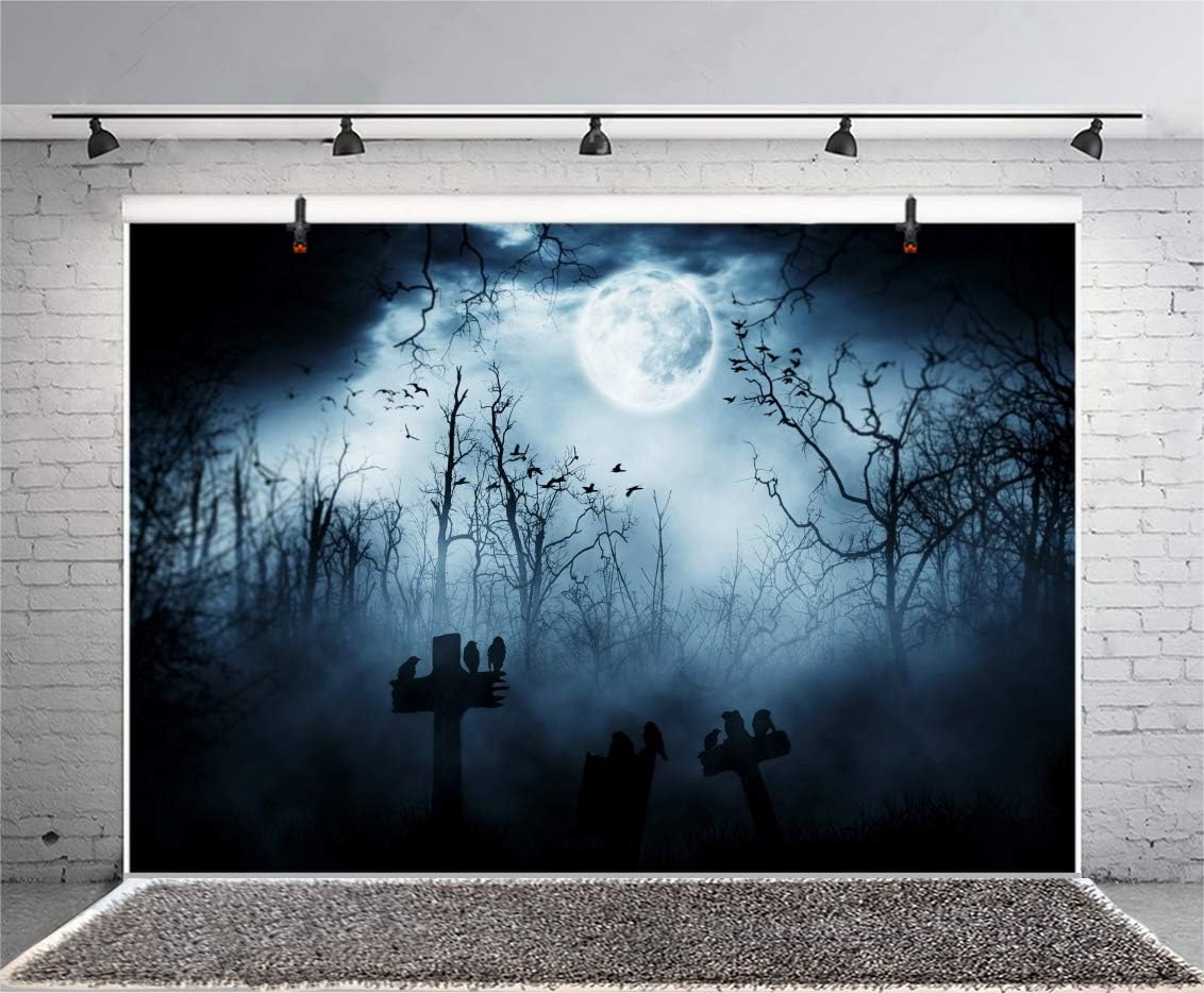 AOFOTO 7x5ft Moon Night Halloween Cemetery Photography Backdrop Flying Bats Birds Stand on Gravestone Cross Graveyard in Dark Forest Photo Background Cloth Vinyl Wallpaper Photo Studio Props