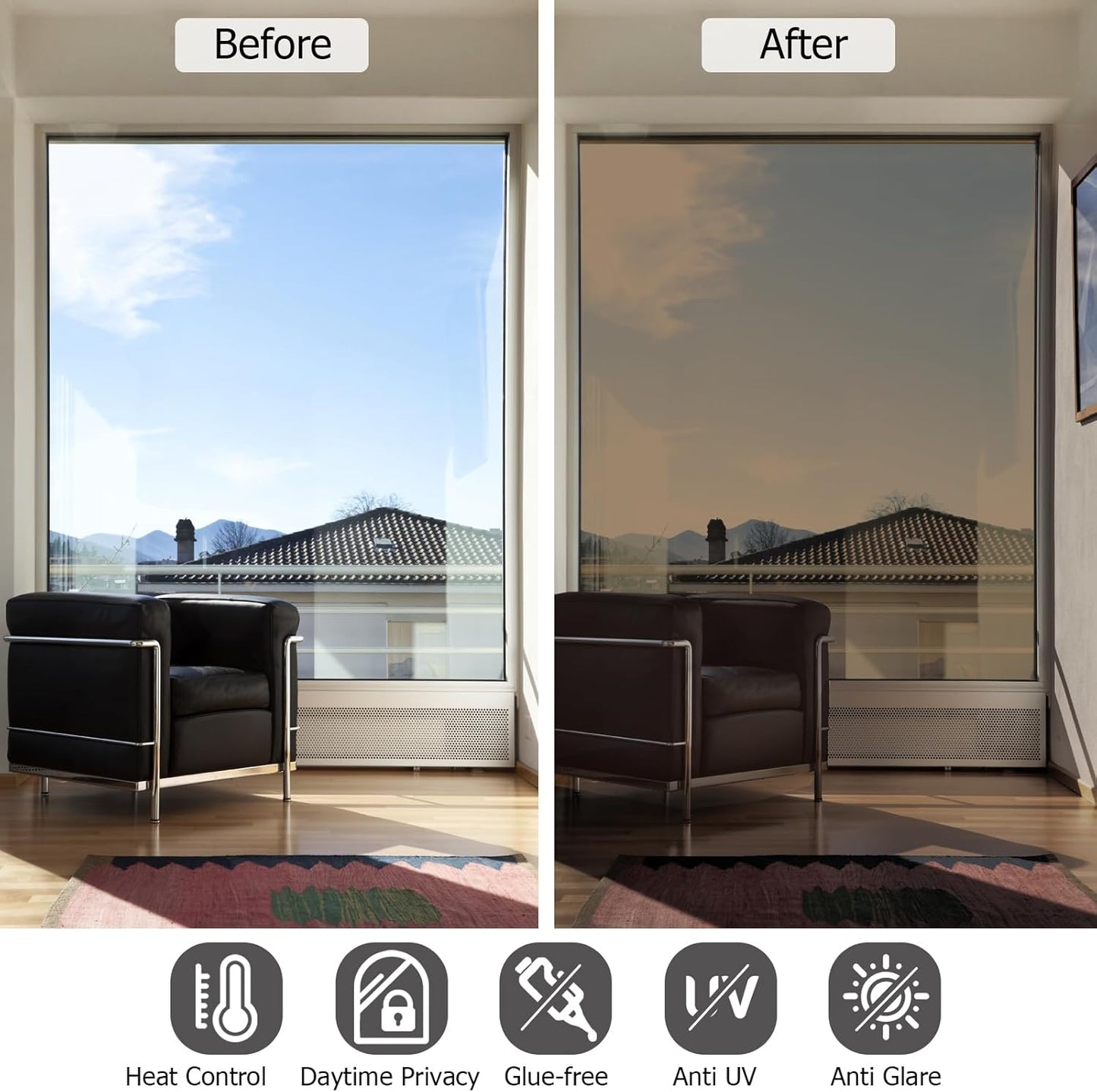 HIDBEA One Way Mirror Window Film, Daytime Privacy Sun Blocking Reflective Window Film Static Cling Heat Control Window Tinting Film for Home and Office, Brown Silver, 35.4 x 98.4 Inch