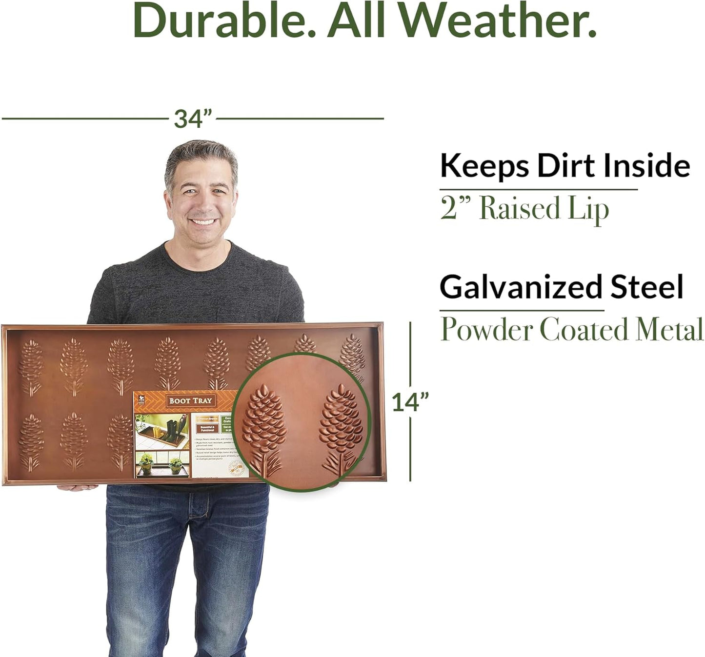 Good Directions Large Boot Tray, Pine Cones Multi-Purpose All Weather Decorative Boot Tray, Shoes, Plants, Garage, Patio Door, Pet Bowls, 35 inch Entry Indoor Shoe Tray, Copper Finish