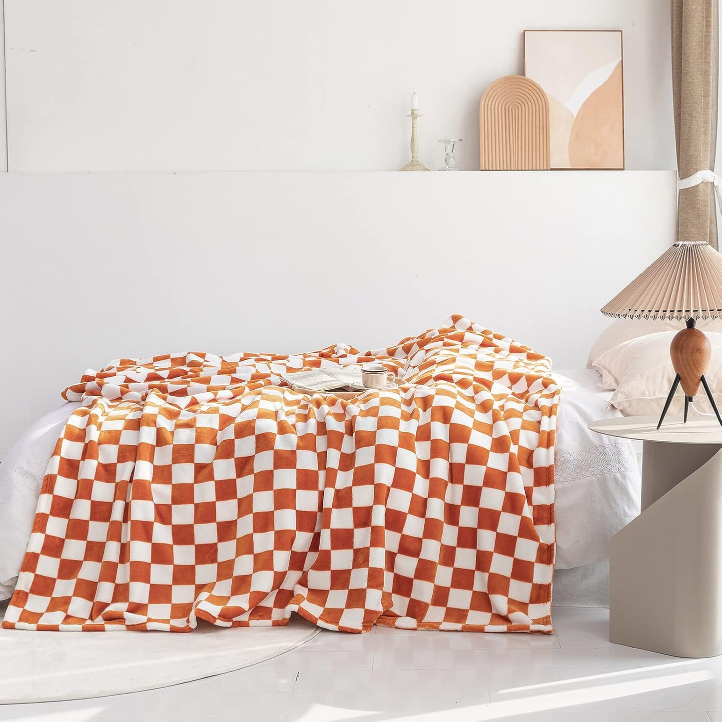 LOMAO Throw Blankets Flannel Blanket with Checkerboard Grid Pattern Soft Throw Blanket for Couch, Bed, Sofa Luxurious Warm and Cozy for All Seasons (Orange, 50"x60")