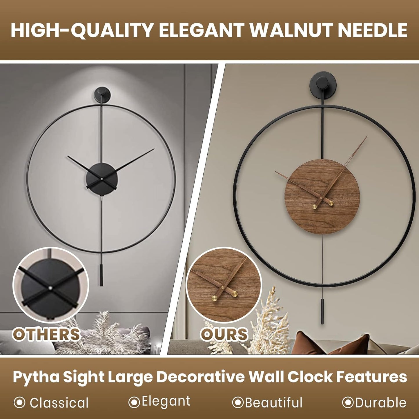 Large Modern Wall Clock,Wall Clocks for Living Room Decor,Classical Silent Metal Minimalist Walnut Dial,Big Decorative Farmhouse Pendulum Wall Clock With Walnut Pointers for Office,Dining Room