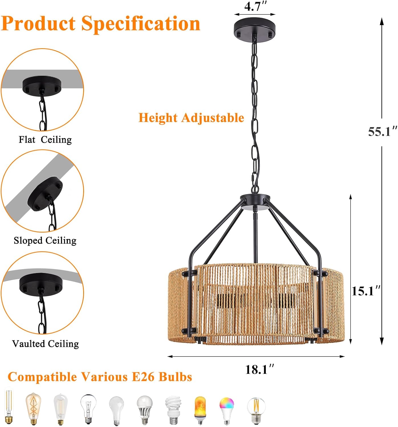 18.1" Rattan Chandelier, 4 Lights Large Black Chandelier Wicker Woven Pendant Light Boho Hanging Lamp for Living Dining Room Foyer Kitchen Island Entryway Foyer, E26, Height Adjustable