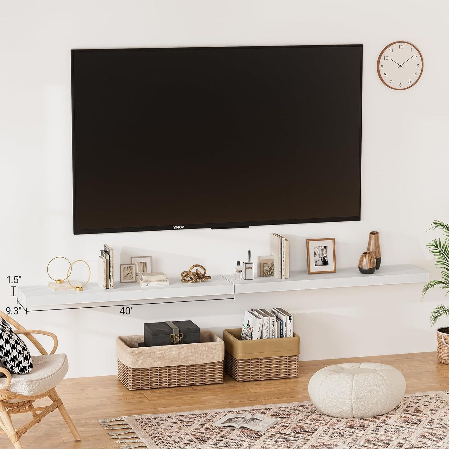 40 Inches Floating Shelves for Wall,9.3" Deep White Long Floating Shelves Set of 2,Large Display & Storage Shelf,Wall Shelf for Bathroom Bedroom Living Room Kitchen Office