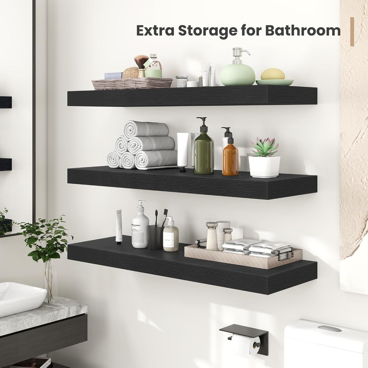 Heimlove 24 x 12 Inch Deep Floating Shelves Wall Mounted with Invisible Brackets,Storage Hanging Shelf for Wall Decor in Bathroom, Bedroom, Toilet, Kitchen, Living Room, Office Set of 2 (Black)