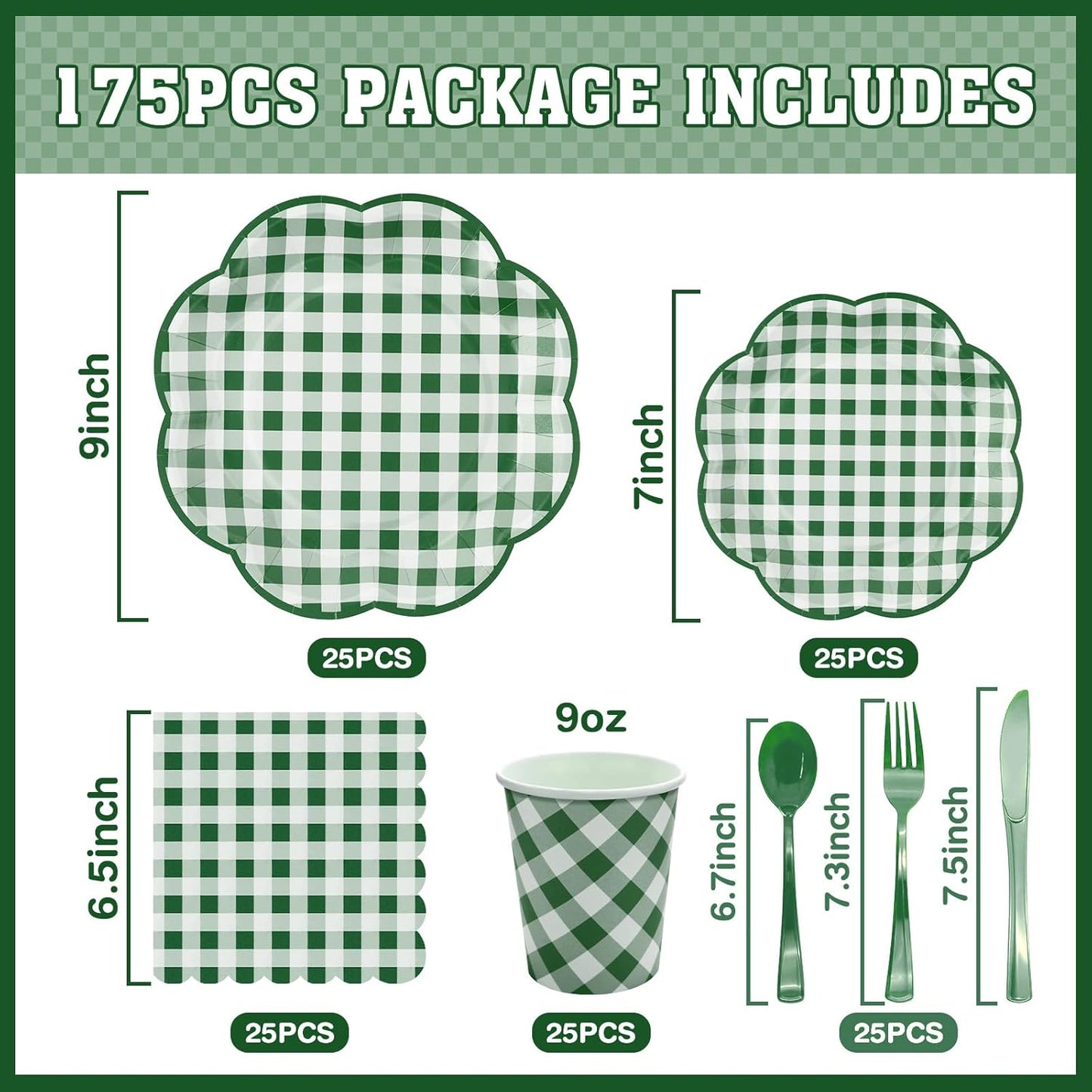 175 Pcs Green Gingham Plates and Napkins Party Supplies - Green and White Checkered Plates Sets Serve 25 Guests - Scalloped Gingham Paper Plate for Birthday Picnic BBQ Golf Party Decorations