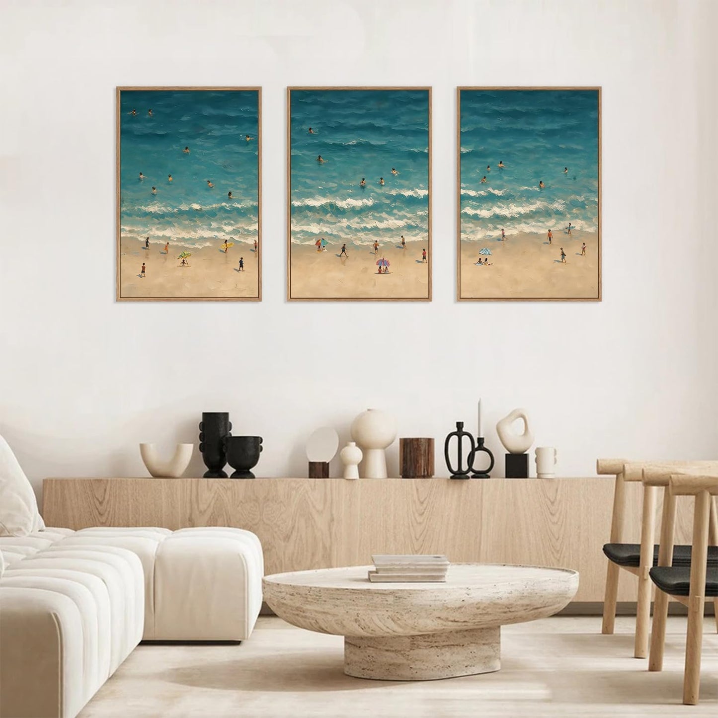 HLNIUC Summer Beach Canvas Wall Art,Modern Minimalist Coastal Landscape Wall Decor Set of 3(16”x24”) Blue Abstract Ocean Wall Painting, Summer Swimming in the Sea Art Print for Living Room,Bathroom