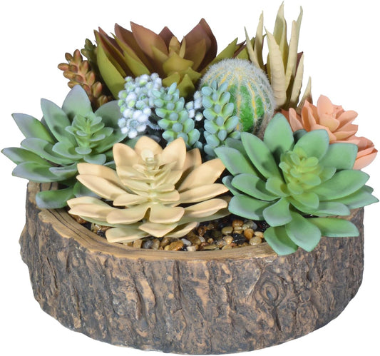 Premium Assorted Artificial Succulent Collection - Large Real Touch Artificial Cactus, Aloe Vera & Succulent Plants Artificial with Pots for Home Office Indoor (Artificial Tree Stump - Pot)