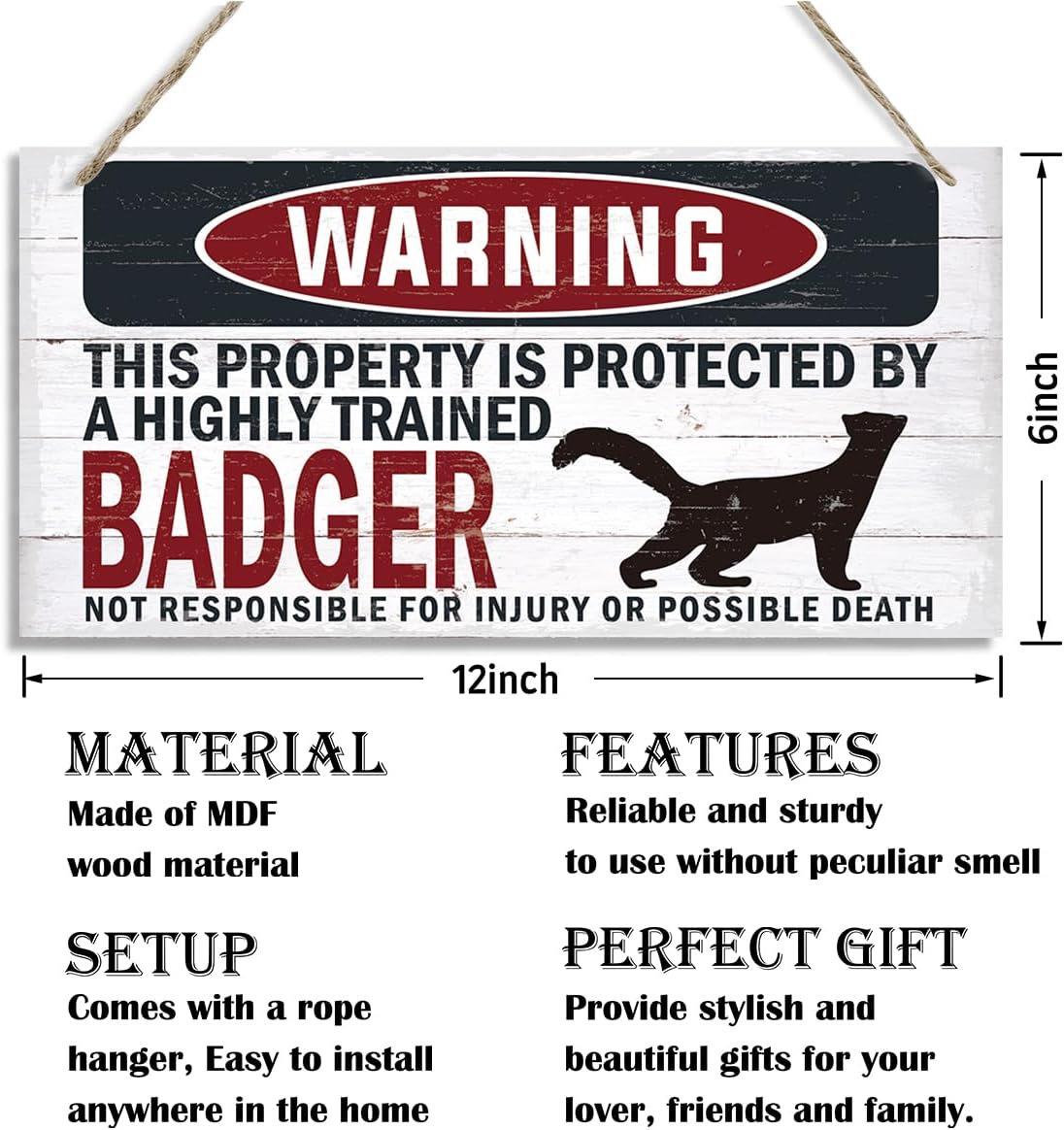 Warning Sign, Badger Warning Wood Plaque Sign, Funny Door Signs, Decorative Wood Hanging Suspension Plaque, Farmhouse Wooden Wall Decor, Outdoor Hanging Wooden Signs