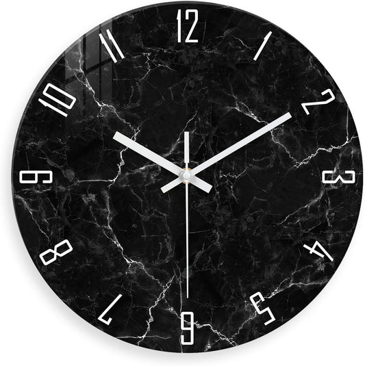 Big Wall Clock for Living Room Decor Marble Glass Wall Clock Battery Operated 16 Inch Black Wall Clocks Non Ticking