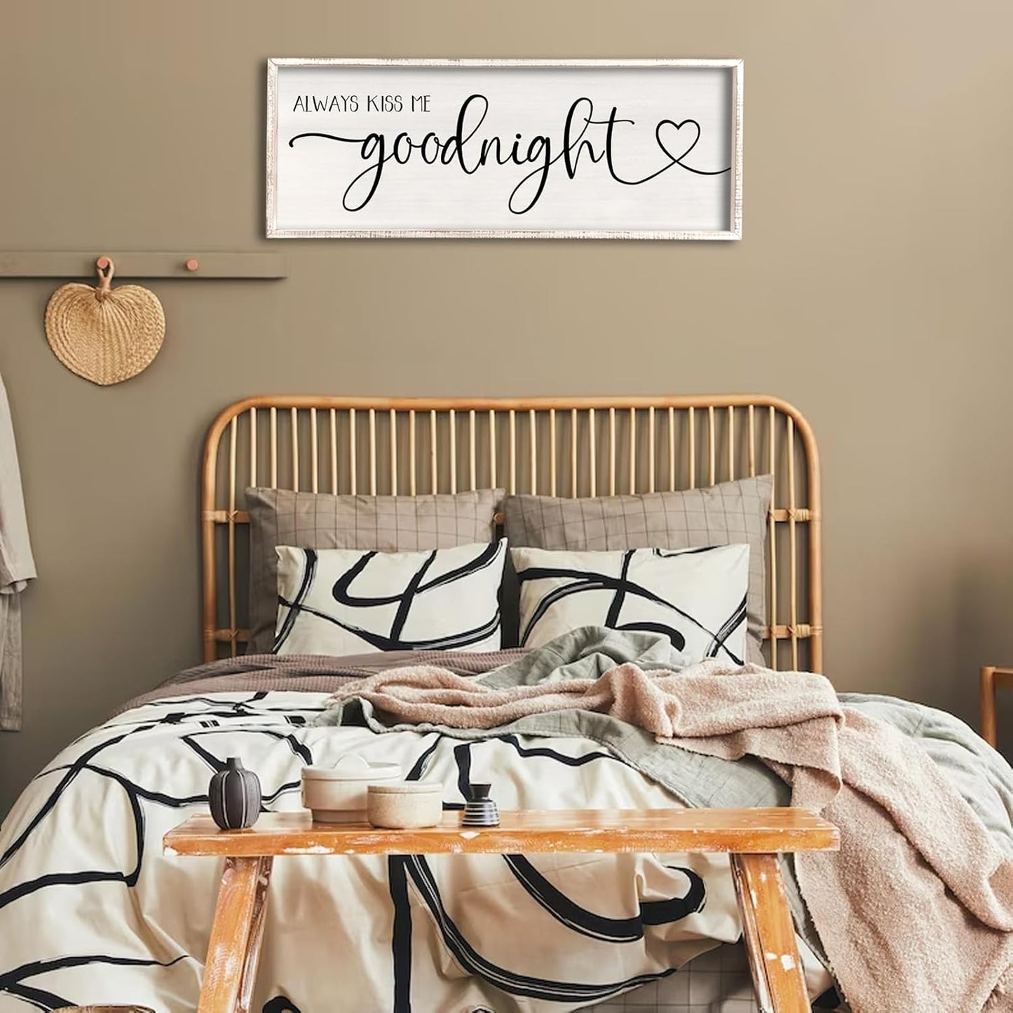 flowtorely Always Kiss Me Goodnight Wall Sign For Master Bedroom Above Bed Wall Decor 32''×12'' Large Rustic Solid Wood Frame For Farmhouse Couples Above bed Wall Art Decoration (White)