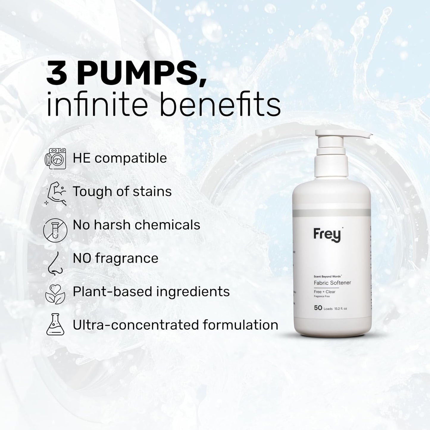 FREY Concentrated Liquid Laundry Detergent | Formulated for Sensitive Skin & HE Washers | Removes Stains Effectively | 50 Loads per Bottle (2-pack Unscented)