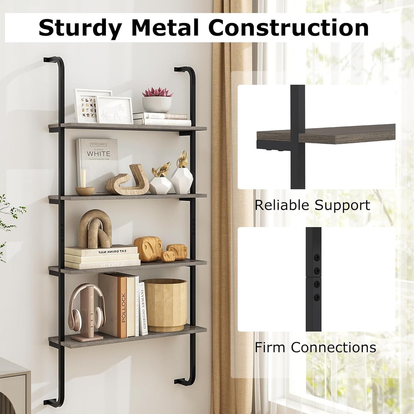 Giantex 4-Tier Industrial Bookshelf of 2, Wall Mounted Pipe Shelving Unit, Floating Shelves with Metal Frame, Hanging Wall Display Shelf, Wood Ladder Bookshelf for Living Room, Kitchen,Gray Oak