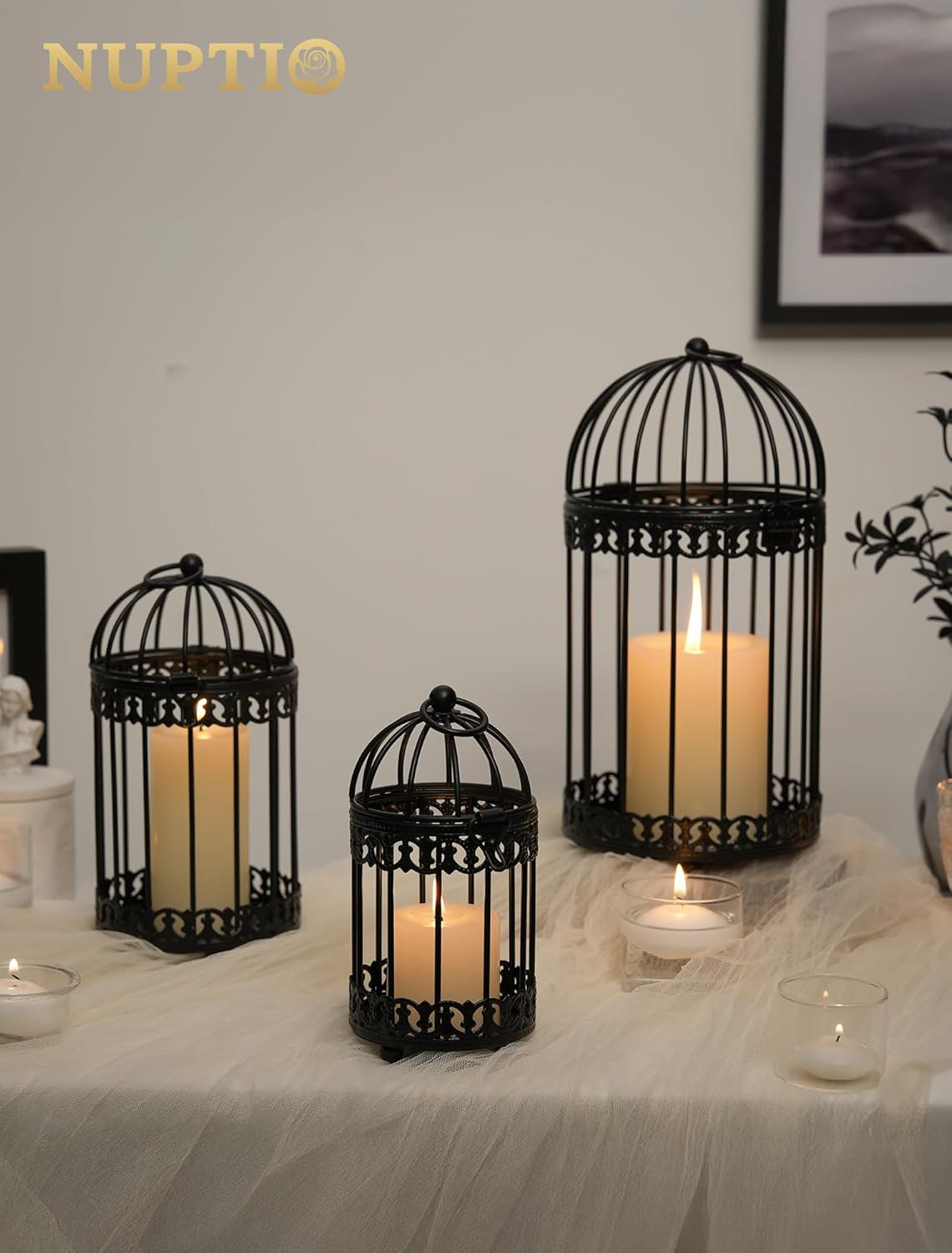 NUPTIO Black Decorative Bird Cage: Birdcage Hanging Lantern for Pillar Candles - Vintage Bird Cages Candle Holders for Halloween Christmas Table Centerpiece 7.7 Inch H