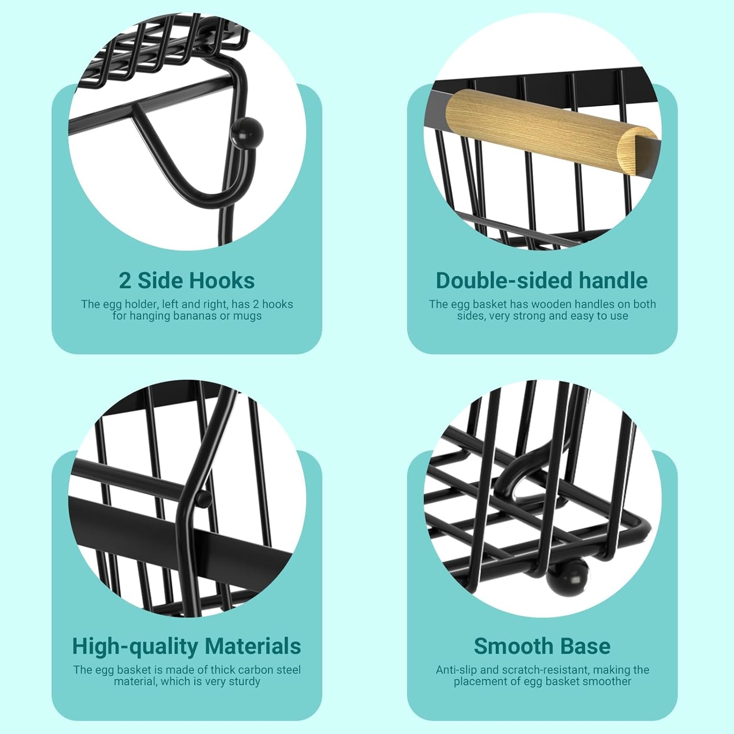 3 Tier Fruit Basket for Kitchen Counter with 2 Banana Hangers, Countertop Metal Fruit Bowl with Wooden Handle, Large Storage Stand for Vegetables, Snacks, Breads, Produce Storage – Black