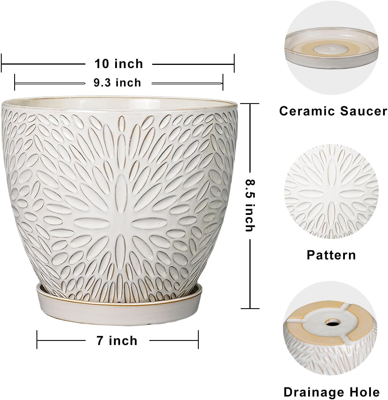 G EPGardening 10 Inch Ceramic Planter Pot with Drainage Hole and Saucer Large Plant Pot for Indoor Plants Outdoor Round Flower Pot for Home Garden Office White