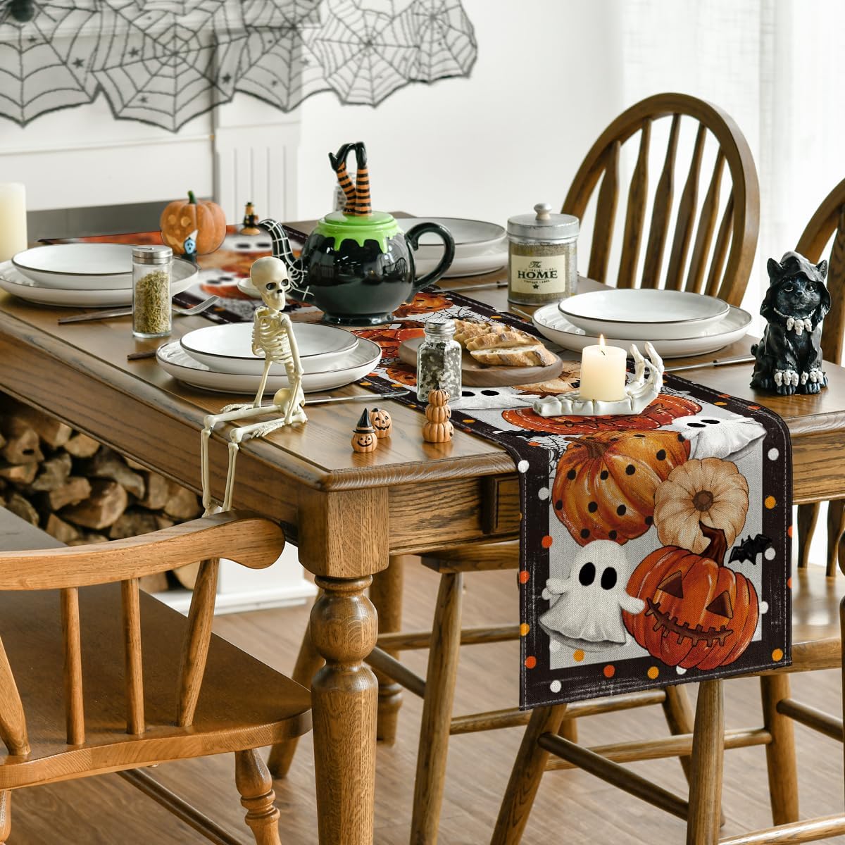 Artoid Mode Jack-O'-Lantern Pumpkin Ghost Spider Web Halloween Table Runner,Holiday Kitchen Dining Table Decoration for Home Party Decor 13 x 36 Inch