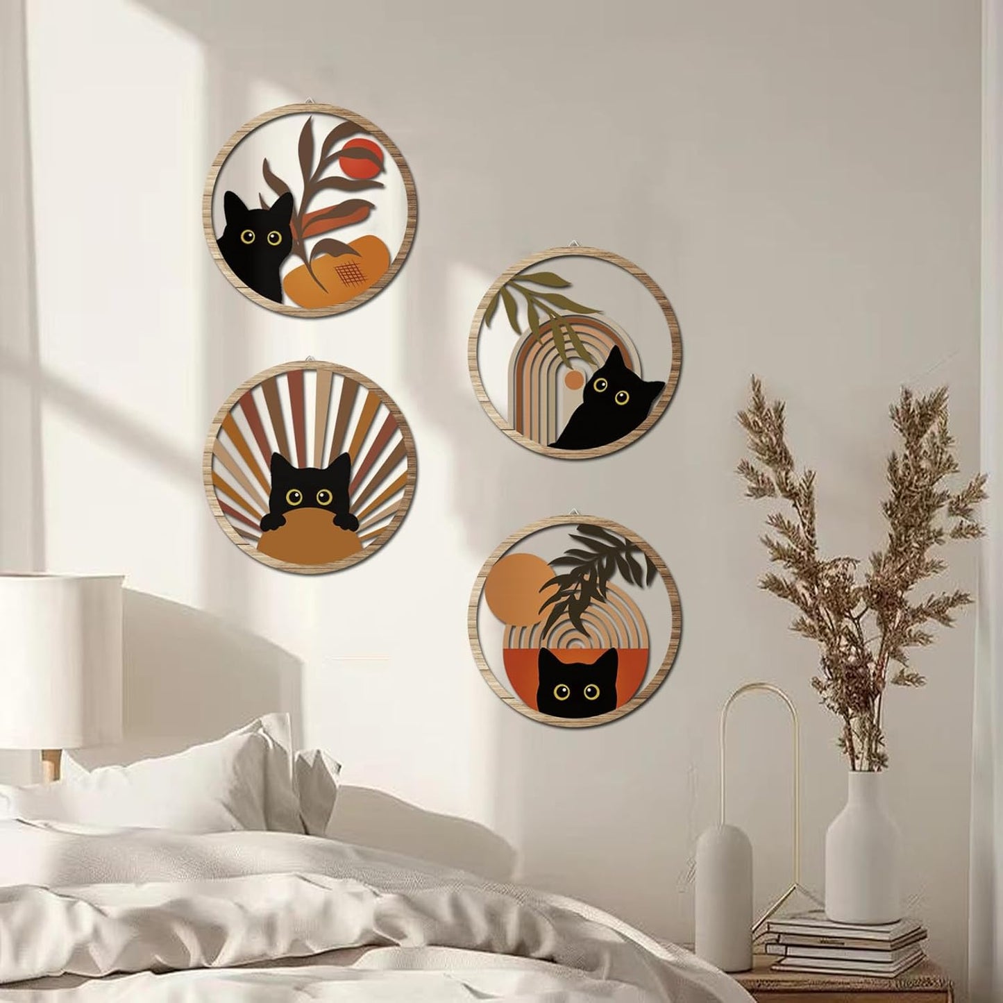 RETRART Boho Black Cat Wall Art Black Cat Room Decor Aesthetic, 4-Piece Farmhouse Geometric Wooden Cat Wall Decor Mid-Century Bohemian Moon Sun Design for Nursery, Bedroom Perfect Cat Lover Gifts