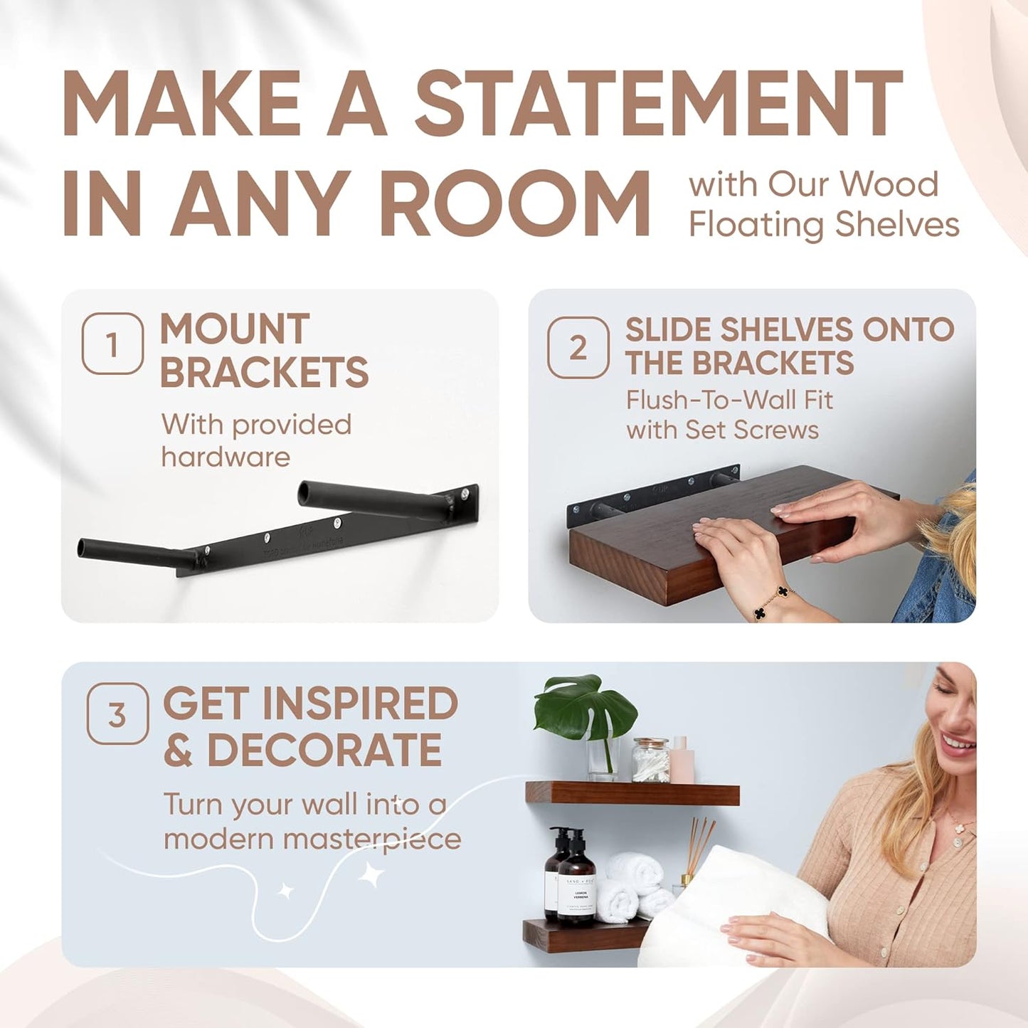 Homeforia Walnut Floating Bathroom Shelves, High End Solid Real Wood 16 inch Small Floating Shelf for Wall Mounted, Dark Brown 16inch Floating Shelves, Heavy Duty Bracket, 16 X 6.5 X 1.75 in, Set of 2