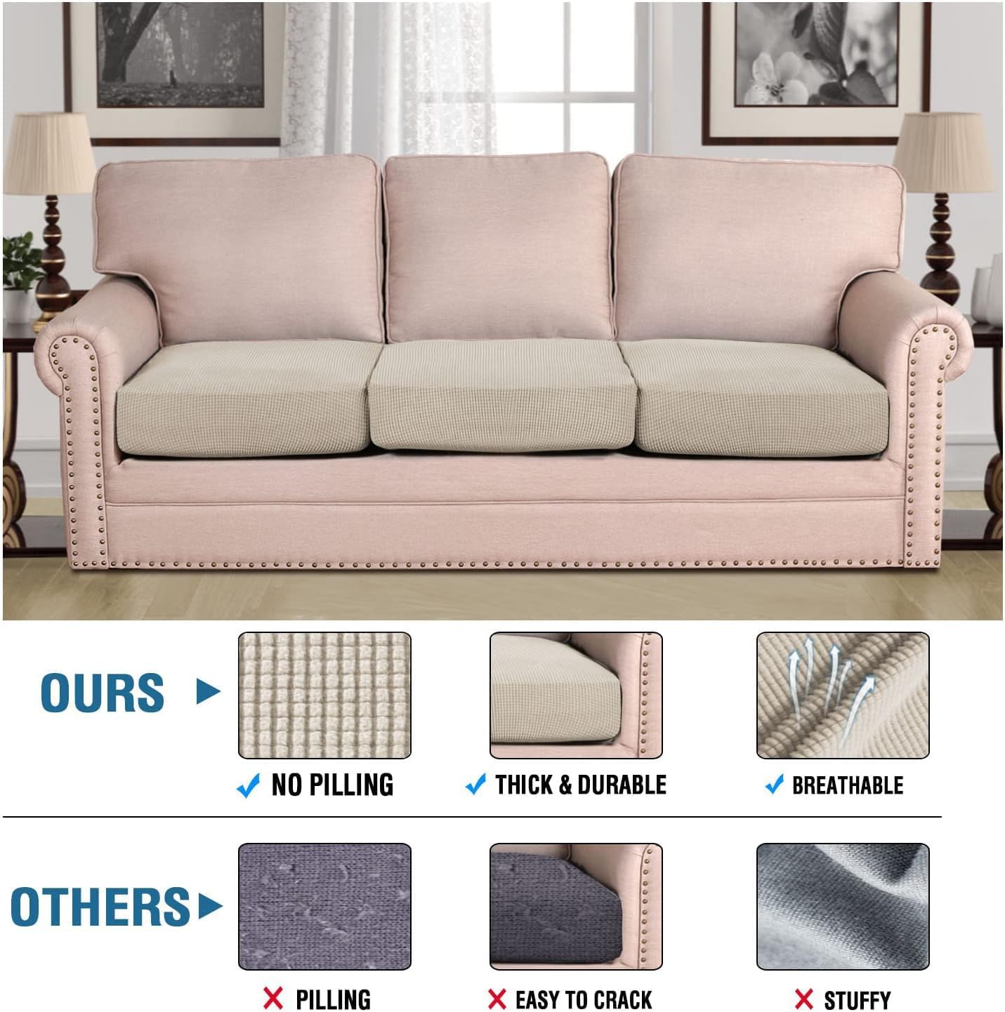 H.VERSAILTEX Super Stretch Individual Seat Cushion Covers - Sofa & Couch Cushion Slipcover Sets - Thick Jacquard Textured Twill Fabric (3 Piece, Island Fossi)